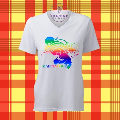 T-shirt personnalisé pour femme - col v - sublimation - carte - martinique - 972 - madinina - silhouette - soleil