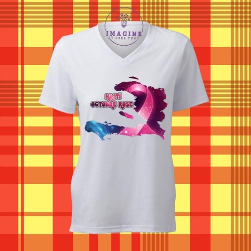 T-shirt personnalisé pour femme - col v - sublimation - carte haïti - port au prince - octobre rose - espoir - prevention