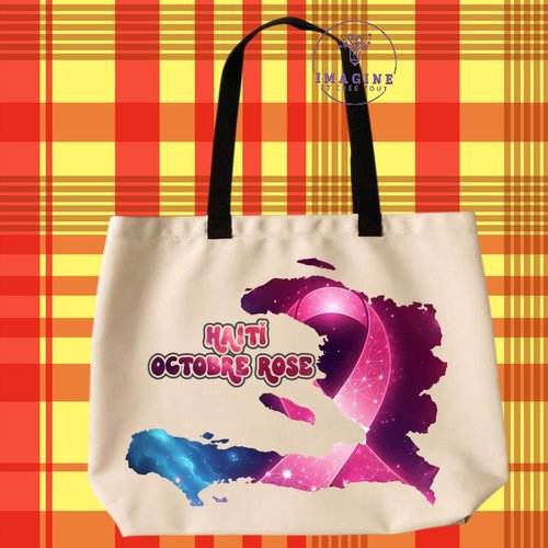 Tote bag taille l - sublimation - carte haïti - port au prince - octobre rose - espoir - prévention - hope