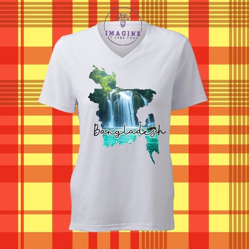 T-shirt personnalisé pour femme - col v - sublimation - bangladesh - cascade de madhabkund - carte