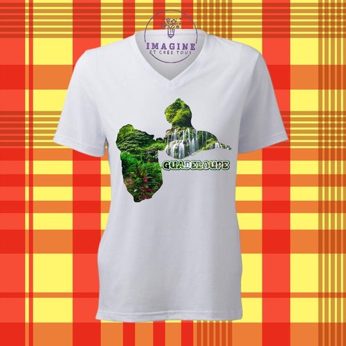 T-shirt personnalisé pour femme - col v - sublimation - paysage guadeloupe - cascade - 971 - forêt - carte - karukera