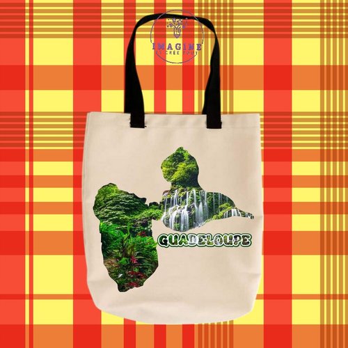 Tote bag taille m - sublimation - paysage guadeloupe - cascade - 971 - forêt - carte - karukera - tropique - soleil