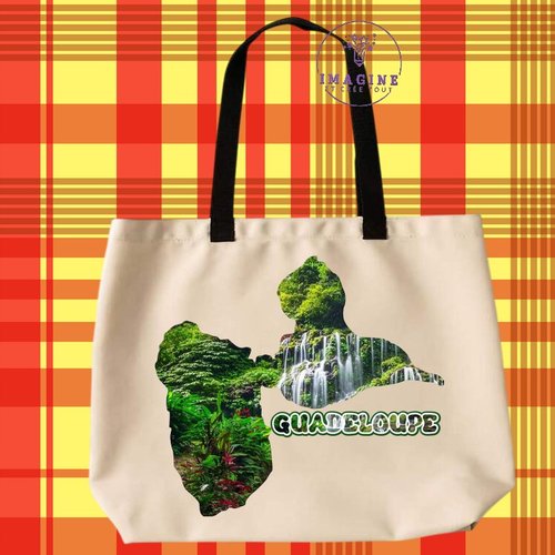 Tote bag taille l - sublimation - paysage guadeloupe - cascade - 971 - forêt - carte - karukera - tropique - soleil - île