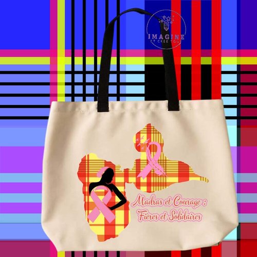 Tote bag taille l - sublimation - octobre rose - guadeloupe - madras - prévention - espoir - nœud - hope - femme