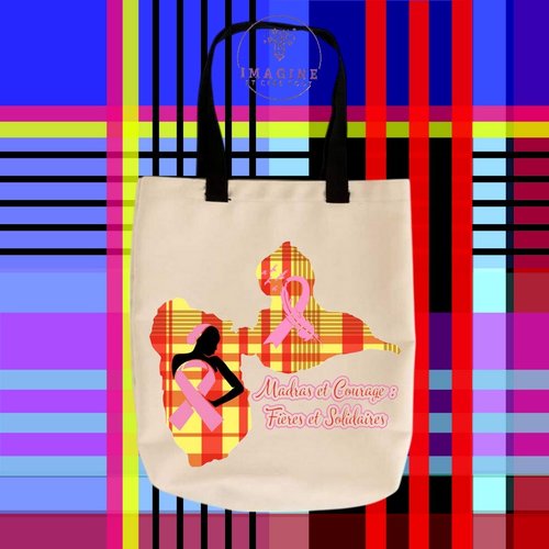 Tote bag taille m - sublimation - madras - octobre - nœud rose - espoir - guadeloupe - femme - hope - 971 - karukera