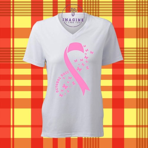 T-shirt personnalisé pour femme - col v - sublimation - femme - octobre rose - papillons - prévention - dépistage - espoir