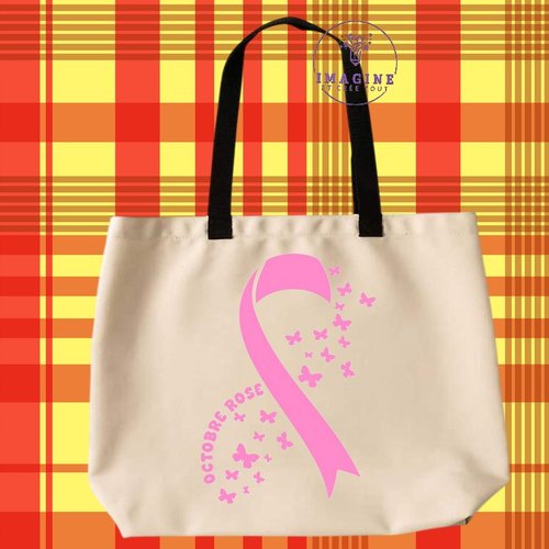 Tote bag taille l - sublimation - femme - octobre rose - papillons - prévention - dépistage - espoir - hope - nœud rose