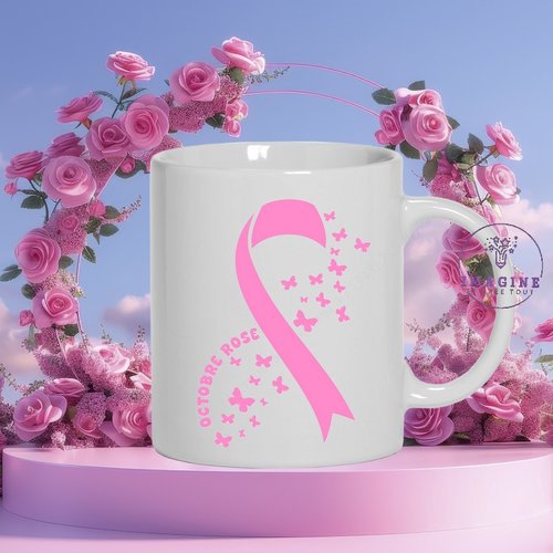 Mug - tasse - sublimation - femme - octobre rose - papillons - prévention - dépistage - espoir - hope - nœud rose