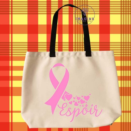 Tote bag taille l - sublimation - femme - octobre rose - papillons - prévention - dépistage - espoir - hope - nœud rose
