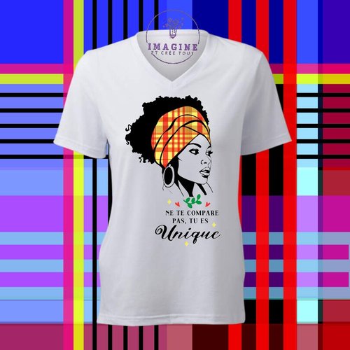 T-shirt personnalisé pour femme - col v - sublimation - silhouette - femme - antillaise - phrase - madras - tropique - île
