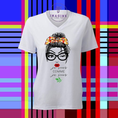 T-shirt personnalisé pour femme - col v - sublimation - silhouette - femme - phrase - madras - tropique - île