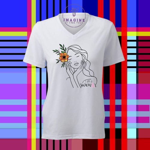 T-shirt personnalisé pour femme - col v - sublimation - octobre - rose - i am a survivor - espoir - dépistage