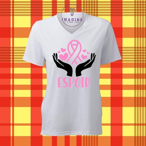 T-shirt personnalisé pour femme - col v - sublimation - femme - octobre - rose - espoir - main - nœud - cœurs