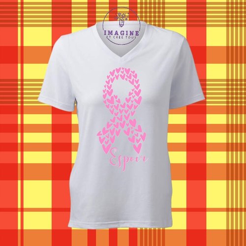 T-shirt personnalisé pour femme - col v - sublimation - femme - octobre - rose - nœud cœurs - prévention - espoir