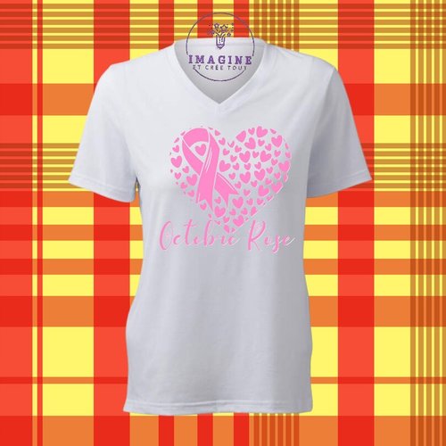 T-shirt personnalisé pour femme - col v - sublimation - femme - octobre - cœurs rose - nœud - prévention - espoir