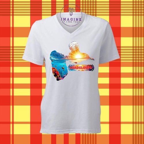 T-shirt personnalisé pour femme - col v - sublimation - guadeloupe - fond marin - 971 - karukera - tropique - île - carte