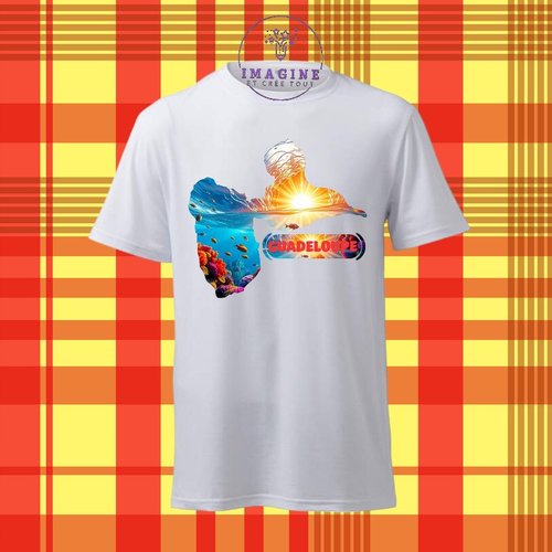 T-shirt personnalisé pour homme - ras du cou - sublimation - carte - guadeloupe - karukera - fond marin - corail