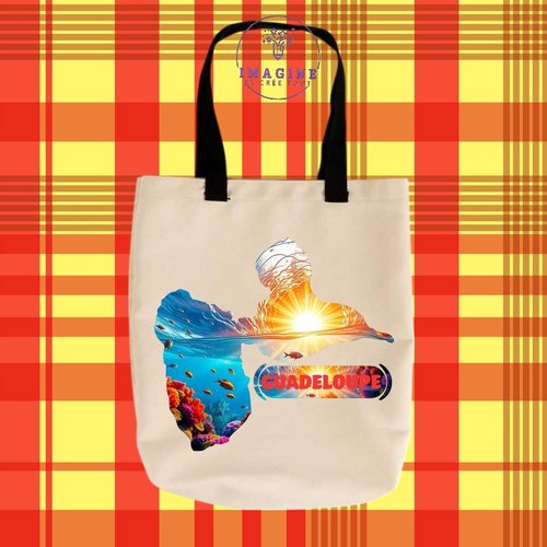 Tote bag taille m - sublimation - carte - guadeloupe - karukera - fond marin - corail - tropique - île - 971