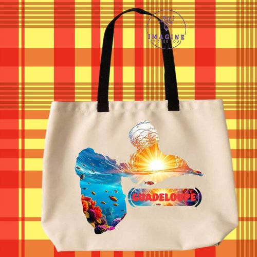 Tote bag taille l - sublimation - carte - guadeloupe - karukera - fond marin - corail - île tropicale - colibri - hibiscus