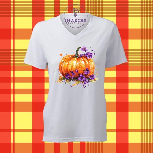 T-shirt personnalisé pour femme - col v - sublimation - octobre - halloween - fantôme - citrouille - déguisement