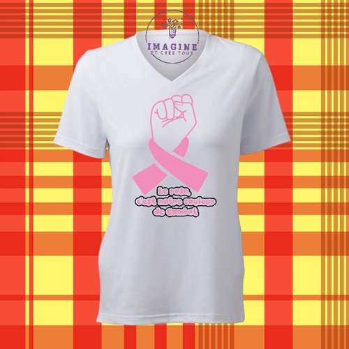T-shirt personnalisé pour femme - col v - sublimation - octobre rose - couleur de combat - poing levé - femme - forte