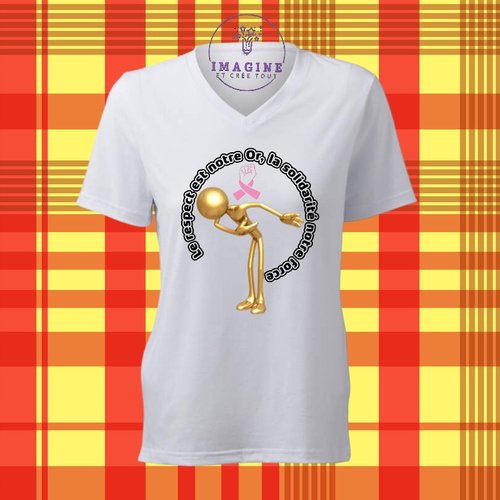 T-shirt personnalisé pour femme - col v - sublimation - solidarité - respect - or - ruban rose - force - octobre - combat