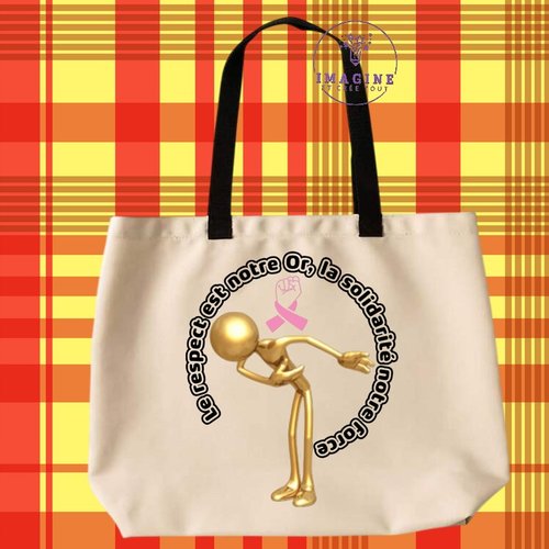 Tote bag taille l - sublimation - solidarité - respect - or - ruban rose - force - octobre - combat - prévention - espoir
