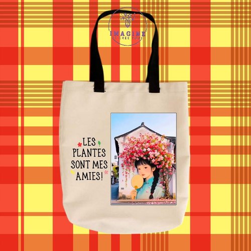 Tote bag taille m - sublimation - tête fleurie - fleurs - rosiers - plantes - silhouette - déco - mur - phrase - femme