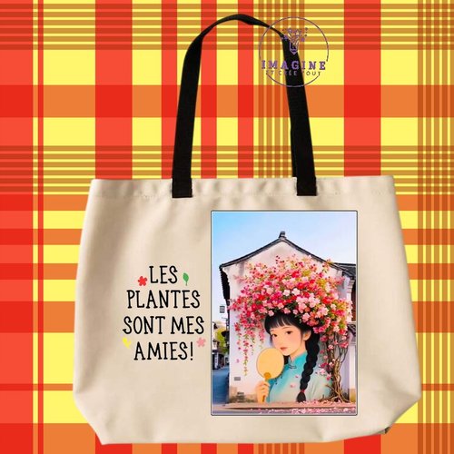 Tote bag taille l - sublimation - tête fleurie - fleurs - rosiers - plantes - silhouette - déco - mur - phrase - femme
