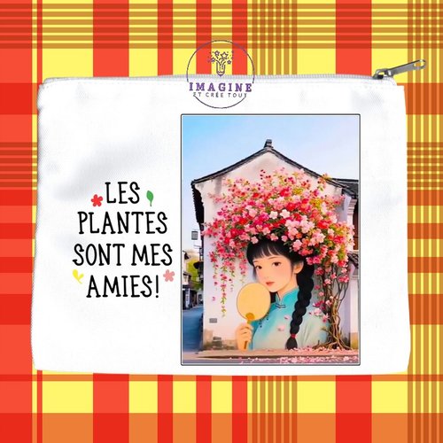 Trousse l - maquillage - sublimation - ink - plante - personnalisation - tête fleurie - fleurs - mur - silhouette - femme