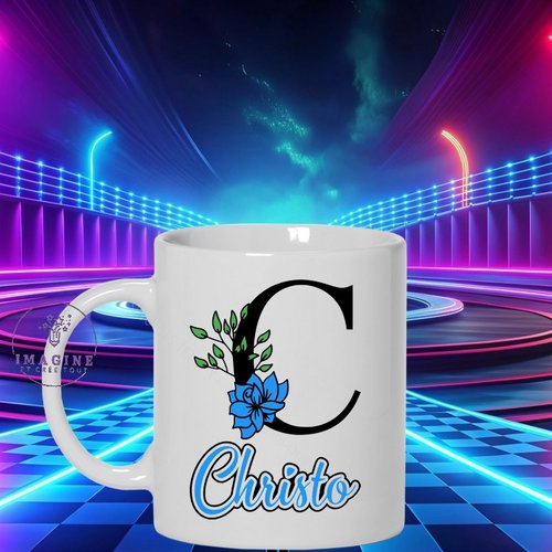Mug - tasse - sublimation - initiale - prénom - fleurs - bleues - surnom - personnalisation - mixte