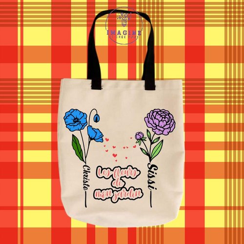 Tote bag taille m - sublimation - les fleurs de mon jardin - kids - rose - cœurs - love - (prénoms à préciser)