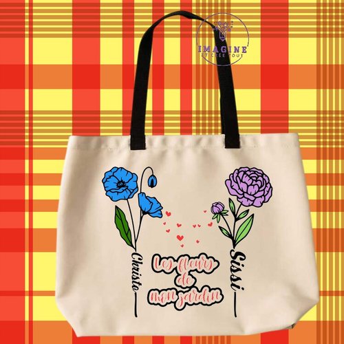 Tote bag taille l - sublimation - les fleurs de mon jardin - kids - rose - cœurs - love - (prénoms à préciser)