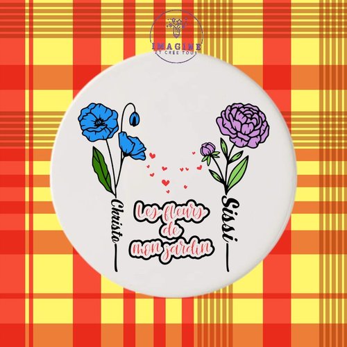 Sous verre en céramique - sublimation - les fleurs de mon jardin - kids - rose - cœurs - love - (prénoms à préciser)