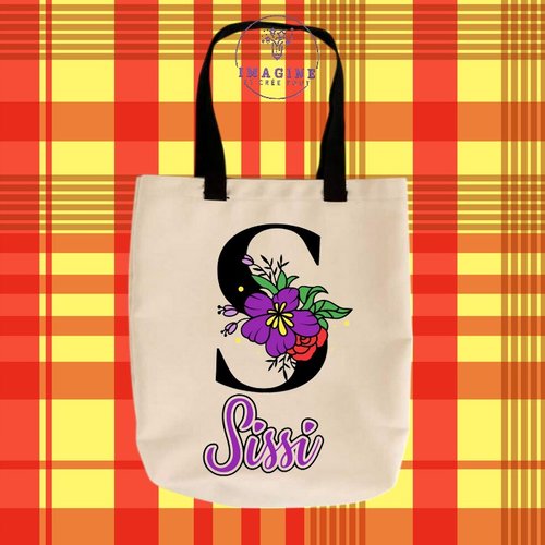 Tote bag taille m - sublimation - initiale - prénom - fleurs - surnom - fille - multicolores - (prénom à preciser)