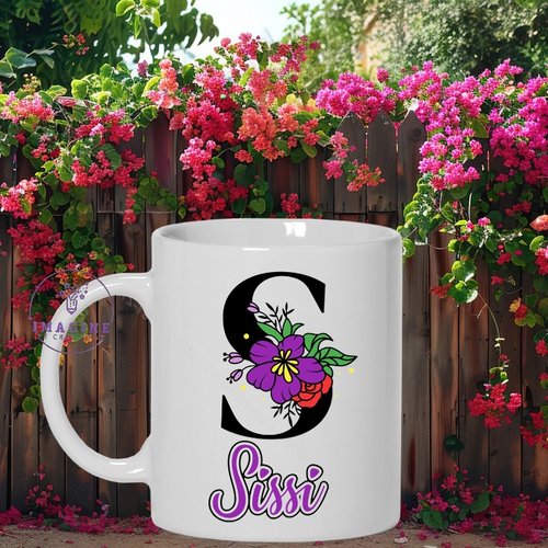 Mug - tasse - sublimation - initiale - prénom - fleurs - surnom - fille - multicolores - (prénom à preciser)