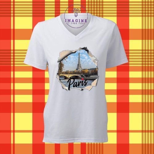 T-shirt personnalisé pour femme - col v - sublimation - paris - tour eiffel - france - capitale - mur cassé - la seine