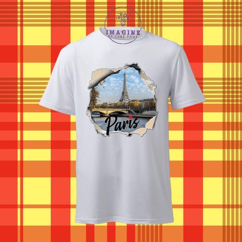 T-shirt personnalisé pour homme - ras du cou - sublimation - paris - tour eiffel - france - capitale - mur cassé - la seine