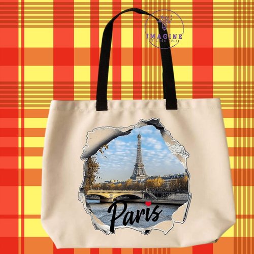 Tote bag taille l - sublimation - paris - tour eiffel - france - capitale - mur cassé - la seine