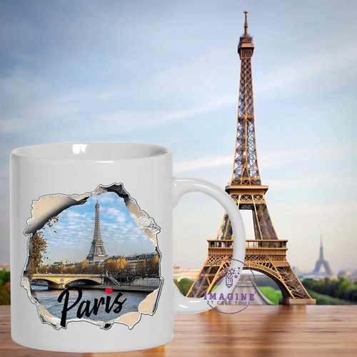 Mug - tasse - sublimation - paris - tour eiffel - france - capitale - mur cassé - la seine - 3d