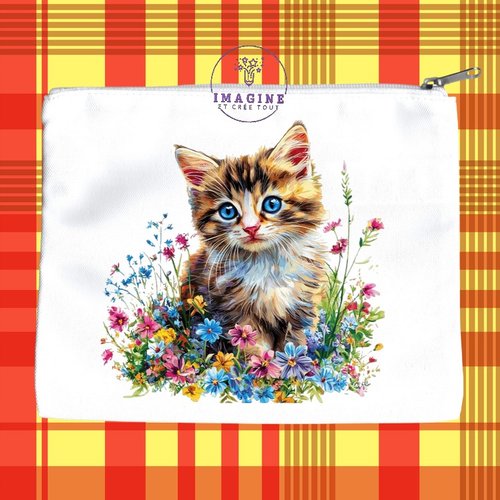 Trousse l - maquillage - sublimation - châton - chat - fleurs - animal domestique - prairie - pré