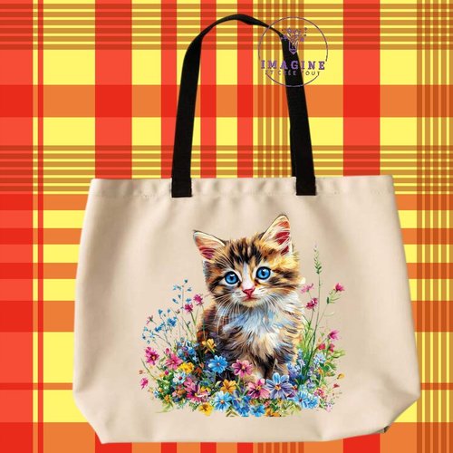 Tote bag taille l - sublimation - châton - chat - fleurs - animal domestique - prairie - pré