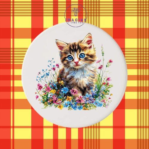 Sous verre en céramique - sublimation - châton - chat - fleurs - animal domestique - prairie - pré