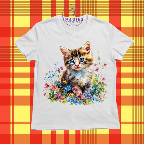 T-shirt personnalisé pour jeunes - col rond - sublimation - châton - chat - fleurs - animal domestique - prairie - pré