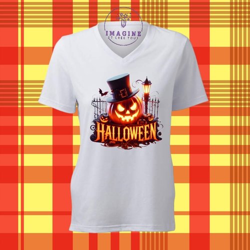 T-shirt personnalisé pour femme - col v - sublimation - halloween - bonbons - candy - citrouille - déguisement