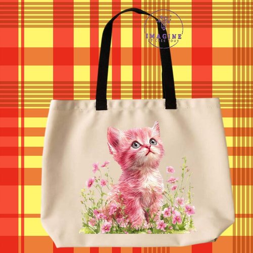 Tote bag taille l - sublimation - châton rose - fleurs - couleurs - animal - prairie - chat - jardin fleuri