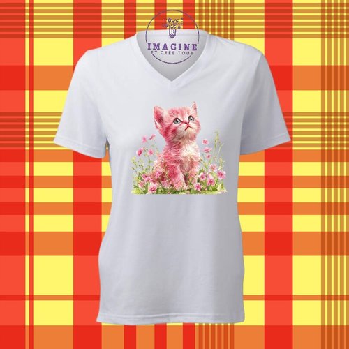 T-shirt personnalisé pour femme - col v - sublimation - châton rose - fleurs - animal - prairie - chat - jardin fleuri