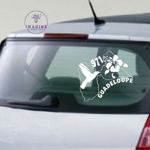 Sticker - carte de la guadeloupe - colibri - 971 - inversé - pose vitre intérieure - vinyle permanent blanc