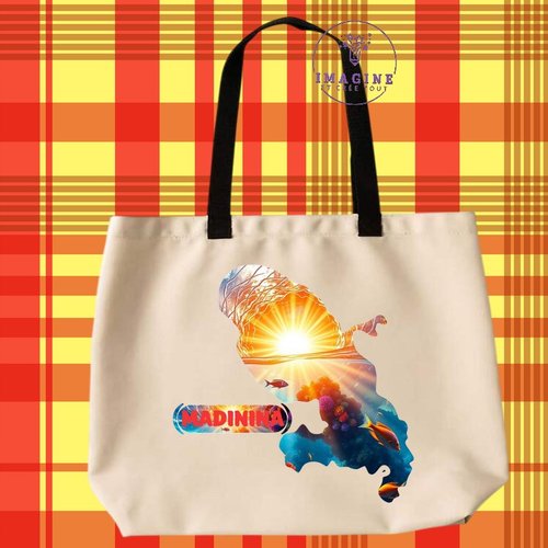 Tote bag taille l - sublimation - carte martinique - madinina - fort de france - fond marin - 972