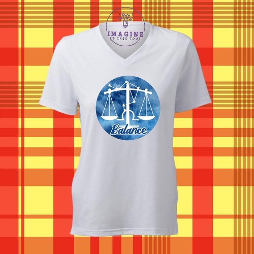 T-shirt personnalisé pour femme - col v - sublimation - astro - signe de la balance - horoscope